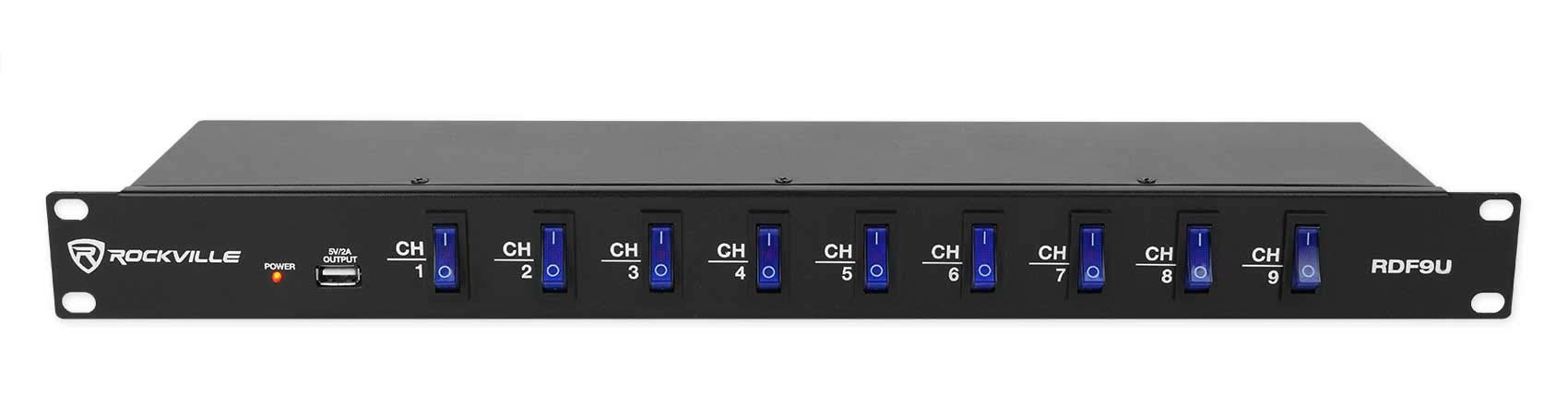 Rockville 1U 15A Rack Mount DJ Pro Audio Power Supply Strip w/USB Charging (RDF9U)