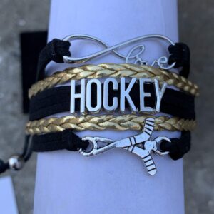 Sportybella Hockey Stick Charm Bracelet (Black/Gold) - Adjustable Bracelet for Women, Teens and Girls