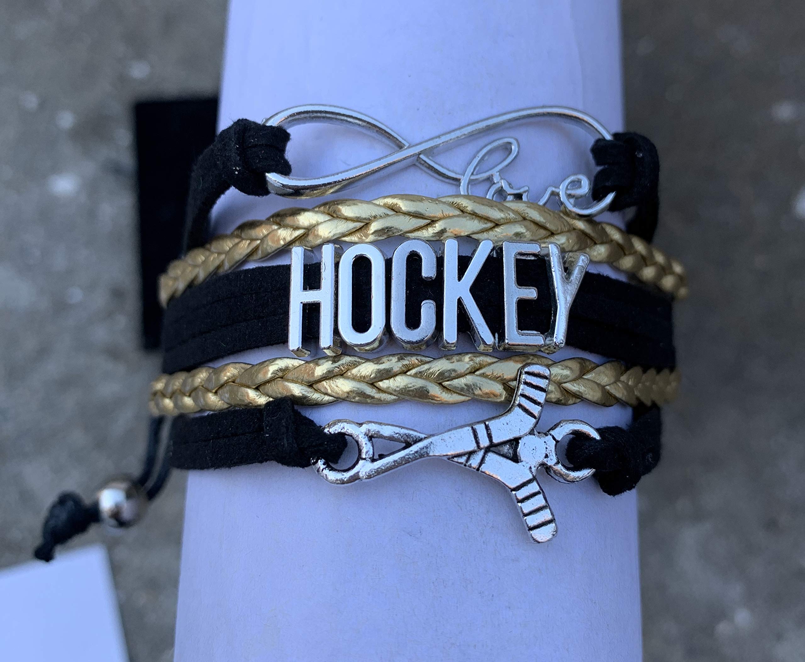 Sportybella Hockey Stick Charm Bracelet (Black/Gold) - Adjustable Bracelet for Women, Teens and Girls