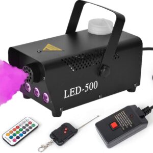 Fog Machine, BZBRLZ 500W Smoke Machine with 13 Colorful LED Lights Effect, 2000CFM Fog with 30cm Wired Receiver and 2 Wireless Remote Controls, Perfect for Wedding, Halloween, Christmas Party (A)