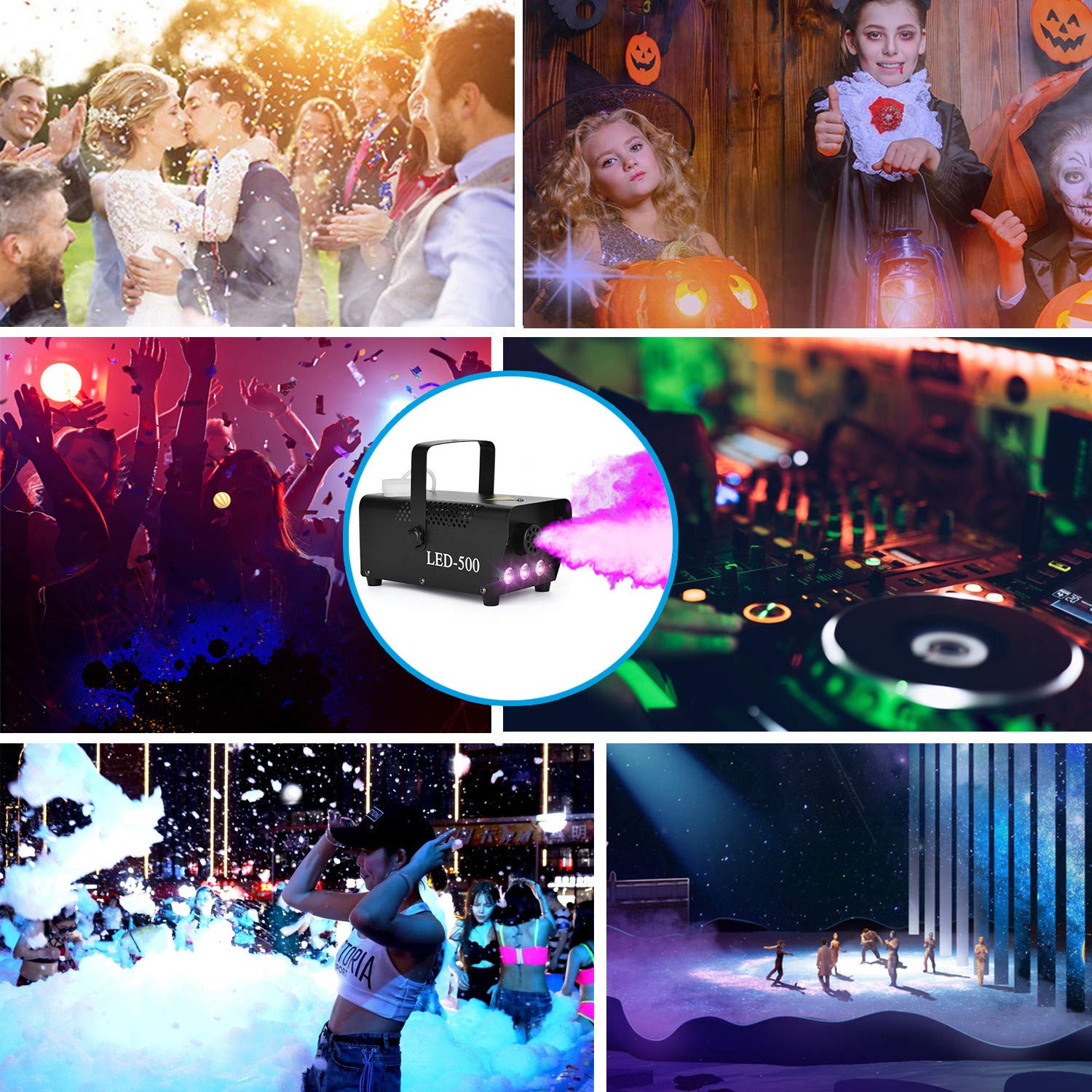 Fog Machine, BZBRLZ 500W Smoke Machine with 13 Colorful LED Lights Effect, 2000CFM Fog with 30cm Wired Receiver and 2 Wireless Remote Controls, Perfect for Wedding, Halloween, Christmas Party (A)