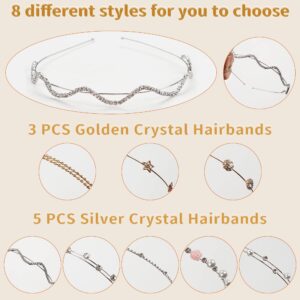 Yxiang 8PCS Crystal Headbands for Women, Pearls Flower Hairbands Fashion Rhinestone Headband Gold Sliver Metal Decorative Headpiece Headdress Kid Girl Women Bride