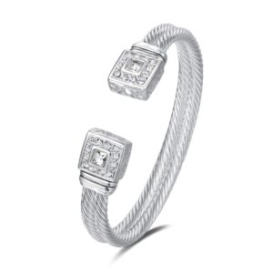 UNY Designer inspired jewelry double cable Wire Square CZ Antique Bangle Elegant Beautiful (White)