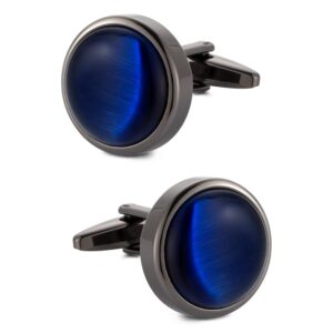 VIILOCK Round Cat Eye Cufflinks for Men Dark Blue Opal Cuff Links in Gun Black Business Shirt