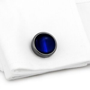 VIILOCK Round Cat Eye Cufflinks for Men Dark Blue Opal Cuff Links in Gun Black Business Shirt