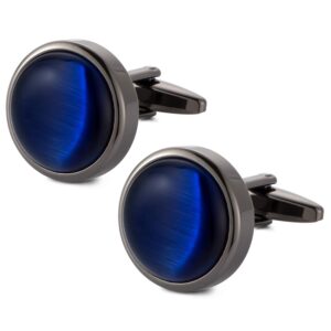 VIILOCK Round Cat Eye Cufflinks for Men Dark Blue Opal Cuff Links in Gun Black Business Shirt