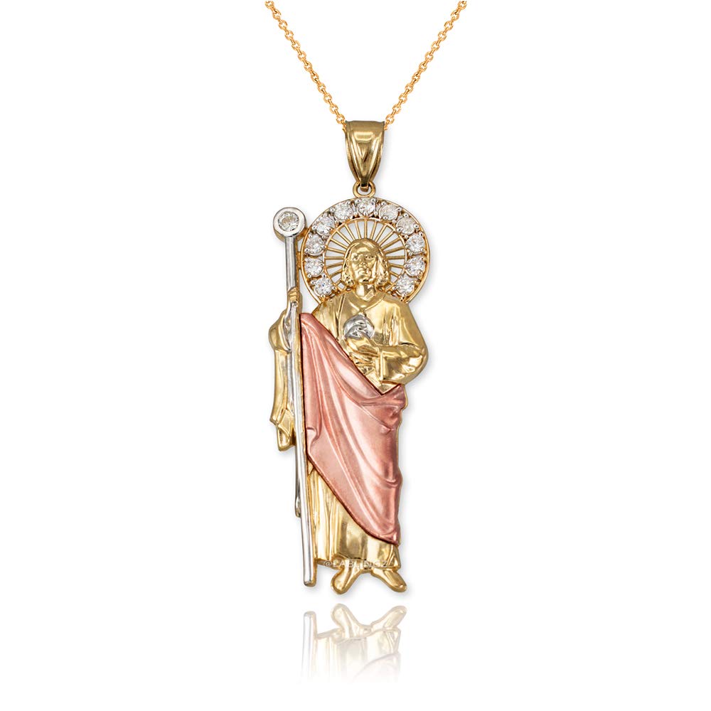 LA BLINGZ 14K Tri-Color Gold Saint Jude CZ Pendant Necklace (22" Necklace)