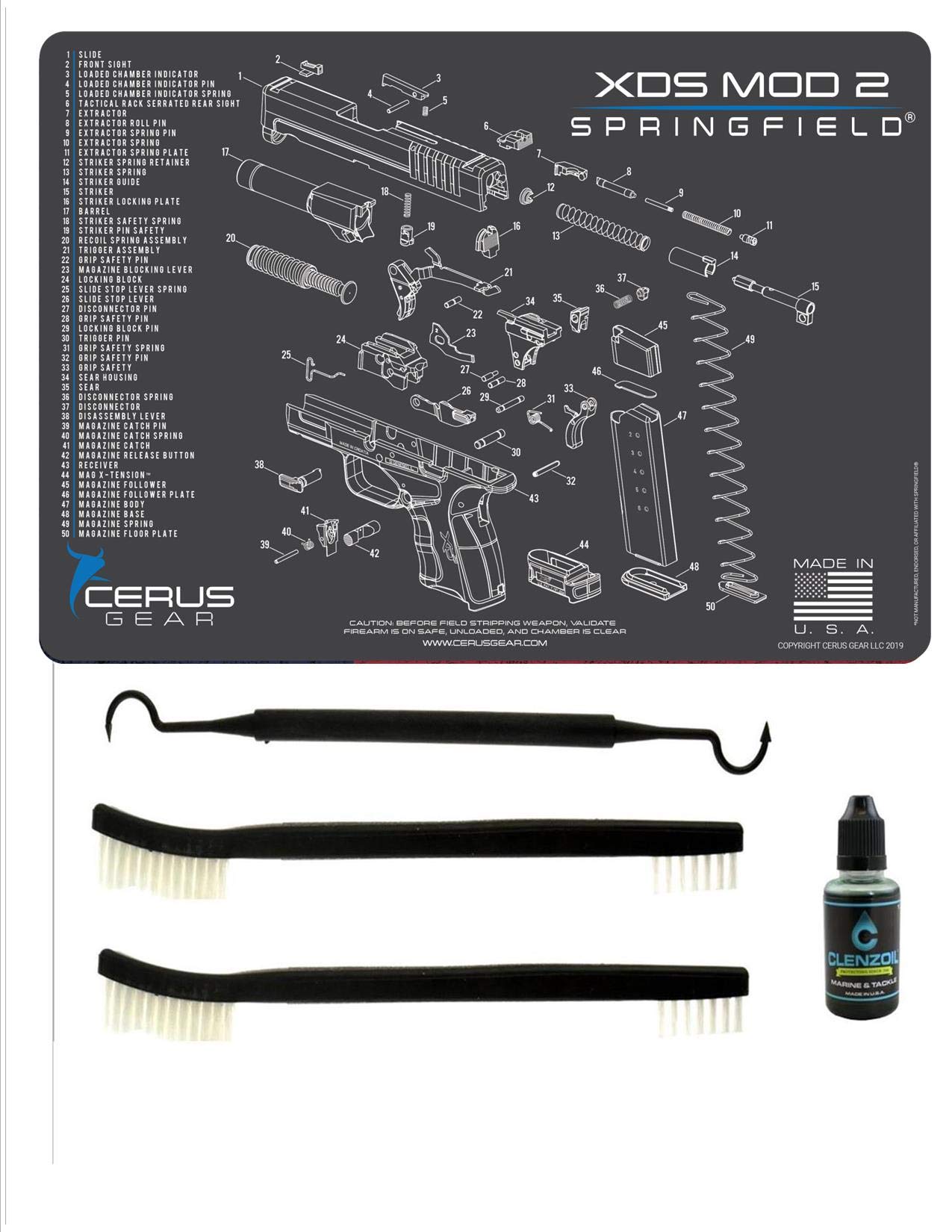 Springfield Armory XDs Mod 2 5 PC EDOG Cerus Schematic Exploded View Heavy Duty Pistol Cleaning 12x17 Padded Gun-Work Surface Protector Mat Solvent & Oil Resistant, 3 PC Cleaning Essentials & Clenzoil