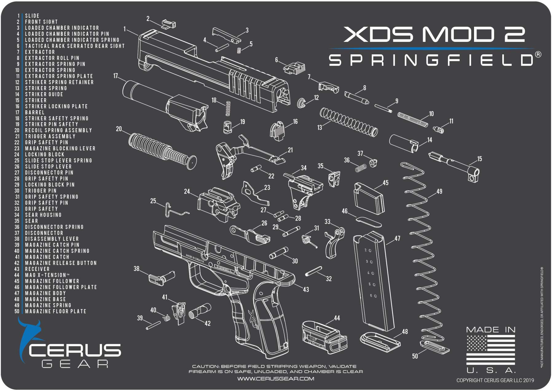 Springfield Armory XDs Mod 2 5 PC EDOG Cerus Schematic Exploded View Heavy Duty Pistol Cleaning 12x17 Padded Gun-Work Surface Protector Mat Solvent & Oil Resistant, 3 PC Cleaning Essentials & Clenzoil