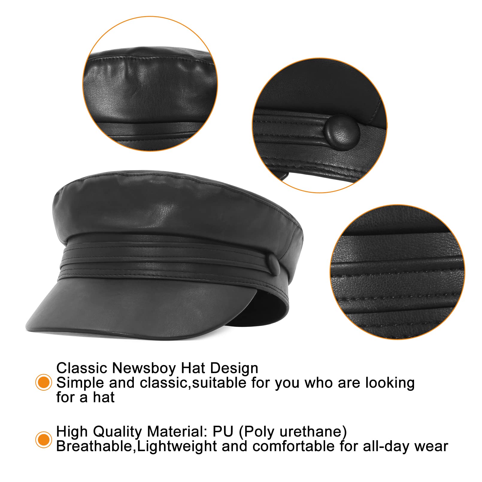 EOZY Women Fashion Newsboy Cap Black PU Leather Cabbie Sailor Fiddler Bakerboy Flat Gatsby Visor Beret Autumn Spring Winter Hats 57cm