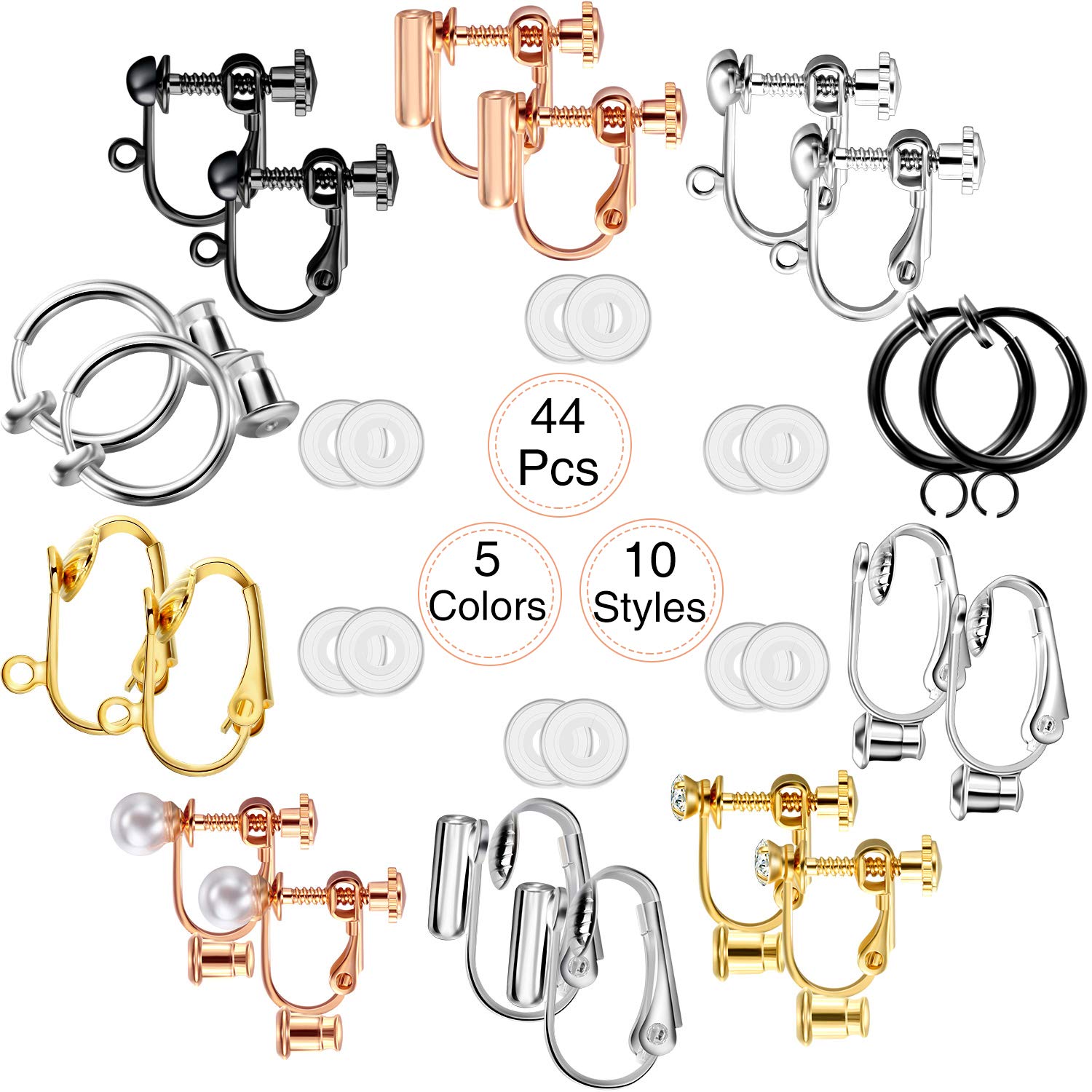 Hicarer 10 Pairs Clip on Earring Converter Non Pierced Earrings Components with Post for Non-Pierced Ears, with 12 Pairs Comfort Earring Pads for Women