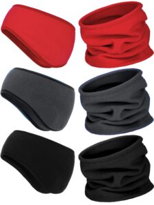 6 pieces fleece ear warmers headband winter neck gaiter (red, grey, black)