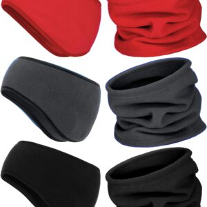 6 Pieces Fleece Ear Warmers Headband Winter Neck Gaiter (Red, Grey, Black)