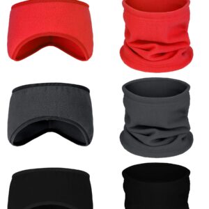 6 Pieces Fleece Ear Warmers Headband Winter Neck Gaiter (Red, Grey, Black)