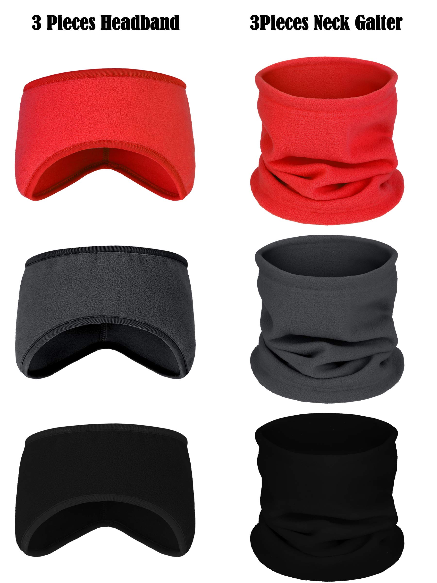 6 Pieces Fleece Ear Warmers Headband Winter Neck Gaiter (Red, Grey, Black)