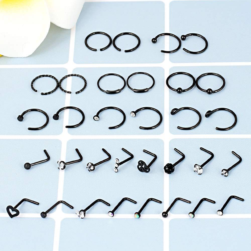 Longbeauty 32Pcs C-Shaped Nose Ring L-Shaped Nose Studs Bone Tragus Cartilage Hoop Rings Piercings 20g for Men Women (L-Shape & C-Shape, black)