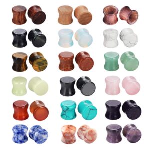 Longbeauty Wood Mixed Stone Plugs 18 Pairs/36 Pcs Double Flared Saddle Gauges Tunnels Expander Piercing Set (Gauge=10mm(00g))