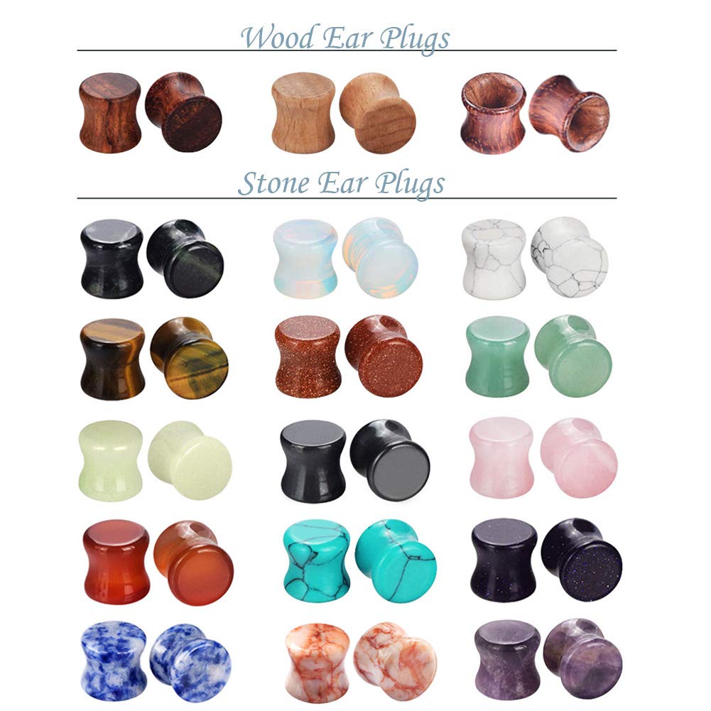 Longbeauty Wood Mixed Stone Plugs 18 Pairs/36 Pcs Double Flared Saddle Gauges Tunnels Expander Piercing Set (Gauge=10mm(00g))