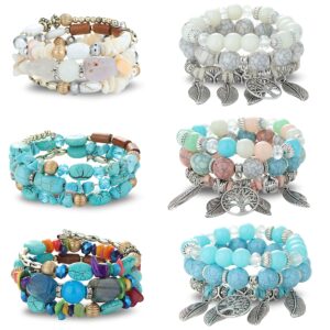 Jstyle 6Sets Bohemian Stackable Bead Bracelets for Women Stretch Multilayered Beaded Bracelet Set Leaf Tassel Charm Bangles Women Gifts