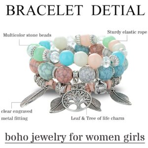 Jstyle 6Sets Bohemian Stackable Bead Bracelets for Women Stretch Multilayered Beaded Bracelet Set Leaf Tassel Charm Bangles Women Gifts