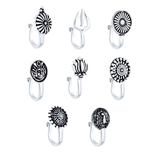 Yellow Chimes Antique Silver Oxidized 8 pcs combo set Ethnic Indian Traditional non-piercing Nose pin Jewelry for Women and Girls