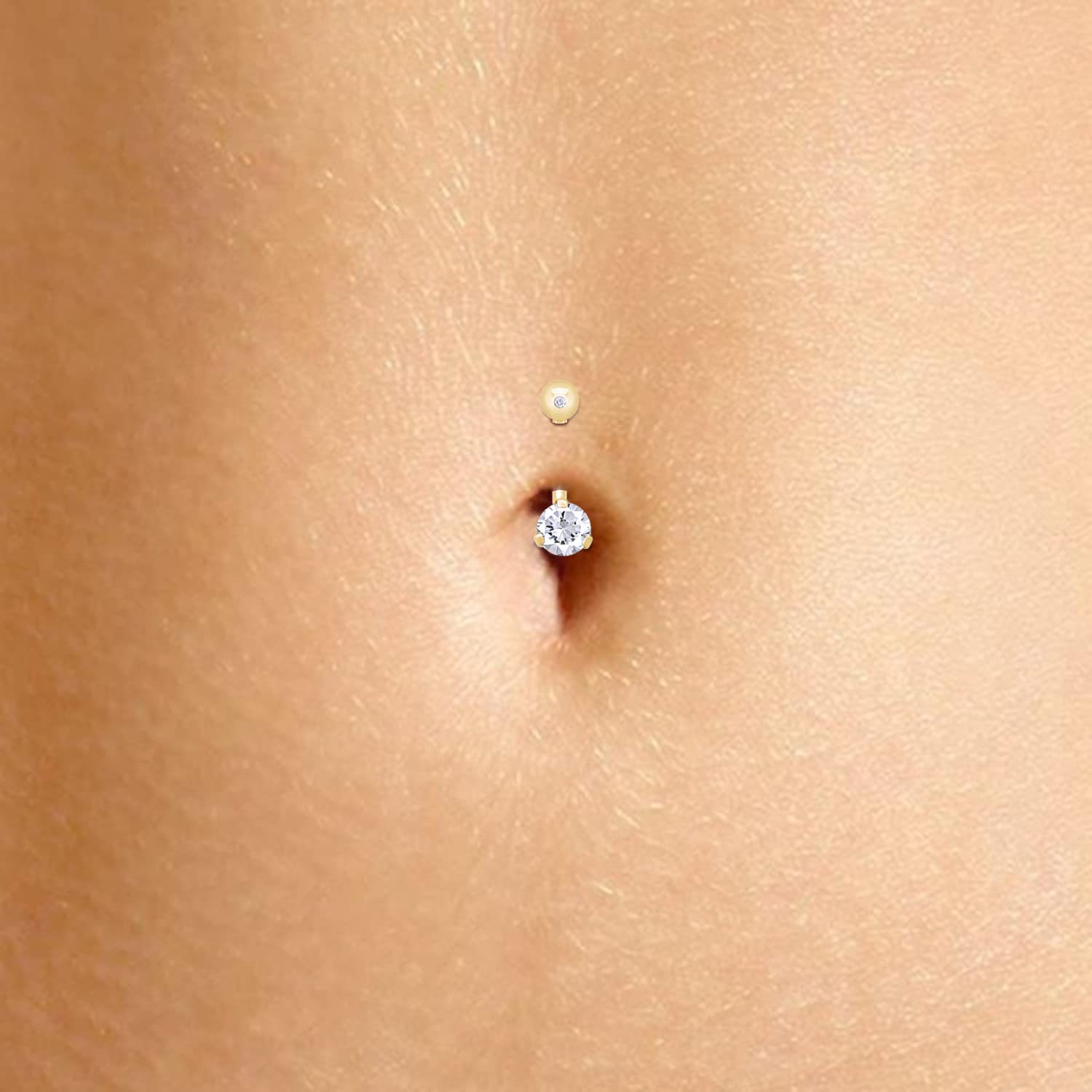 AFFY Round Shape Sparkling White Cubic Zirconia Internally Threaded Belly Button Navel Ring in 14K Yellow Gold Over Sterling Silver