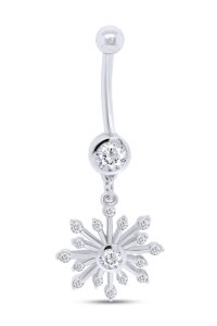 affy round shape sparkling white cubic zirconia snowflake belly button navel ring in 14k white gold over sterling silver