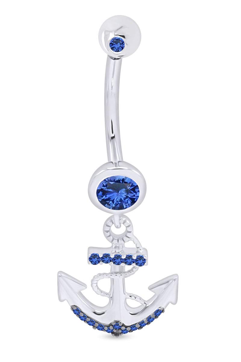 Round Shape Simulated Blue Sapphire Anchor Dock Belly Navel Ring in 14K White Gold Over Sterling Sliver