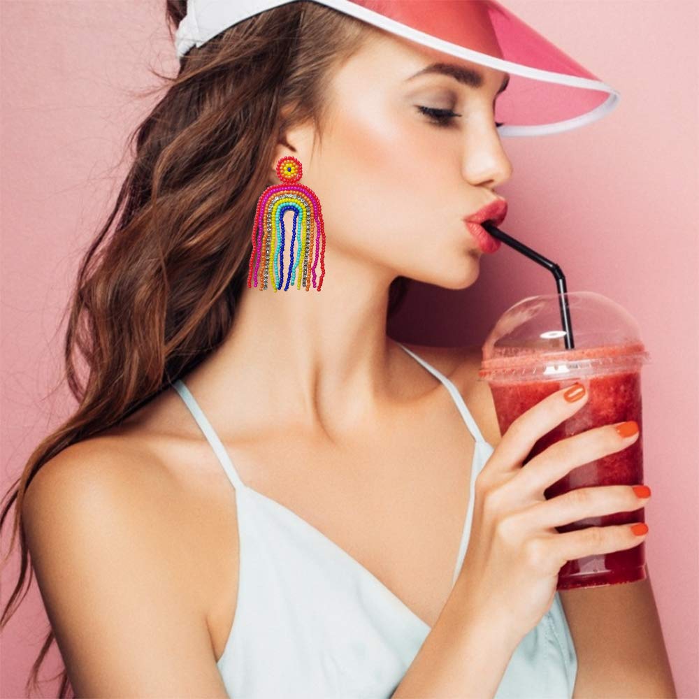 Statement Drop Earrings Rainbow Tassel Beaded Dangle Earrings Gift for Women