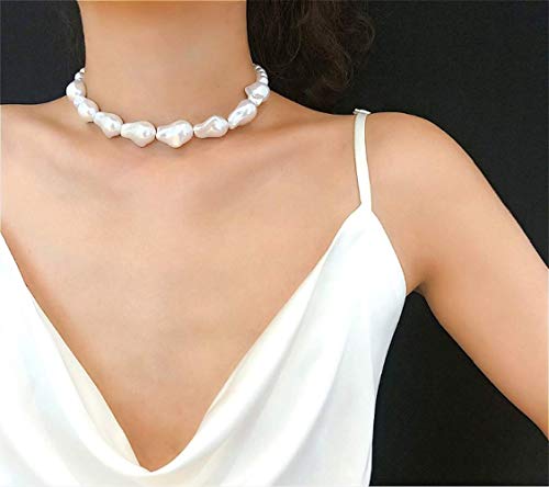 Cathercing Boho Baroque Irregular Pearl Pendant Choker Necklace for Women Vintage Charm Adjustable Chain Jewelry Simple Chic Cute Accessories Collocation on Beach