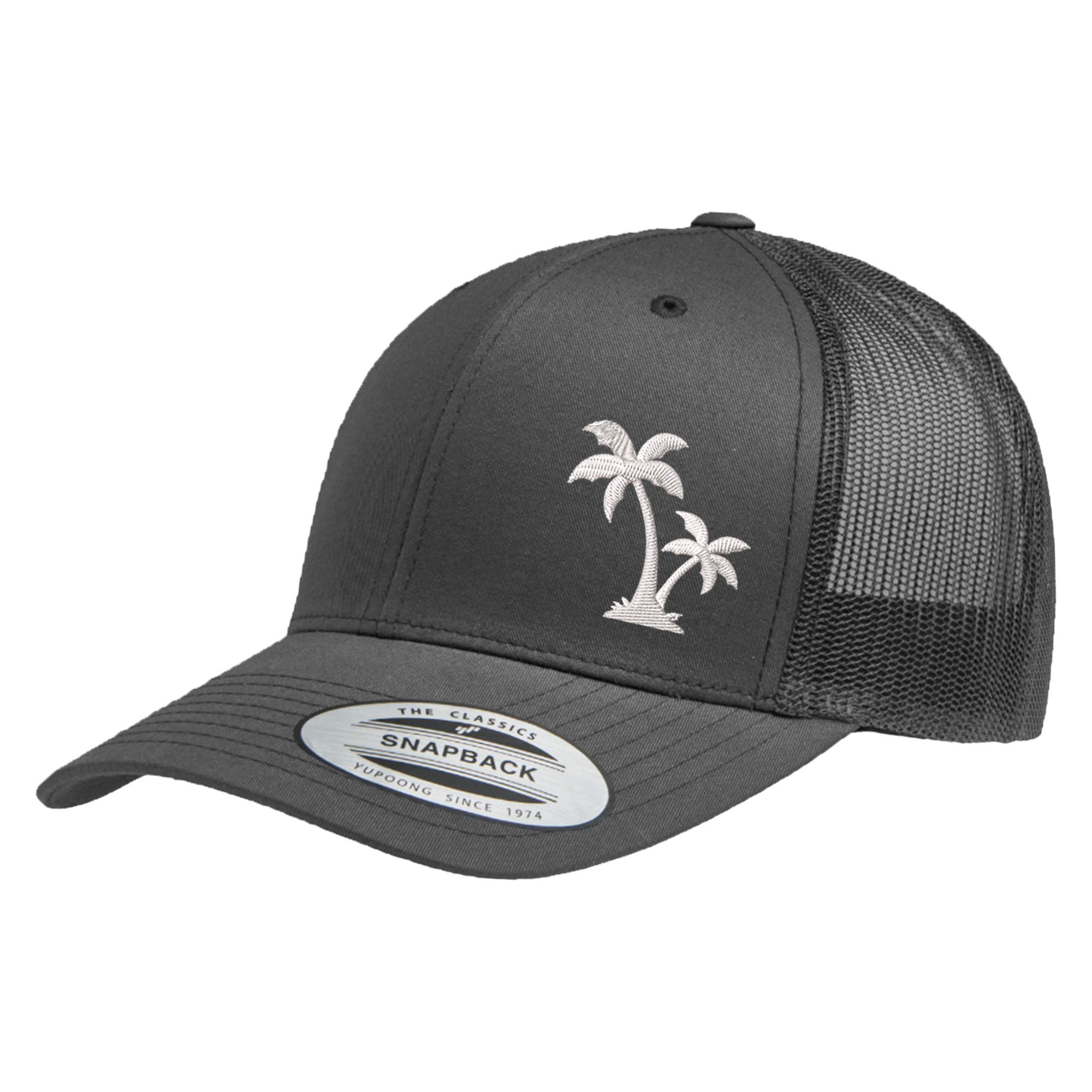 Love Sketches Embroidered Palm Tree Silhouette Trucker Snapback Cap Mesh Back Men and Women (Charcoal)