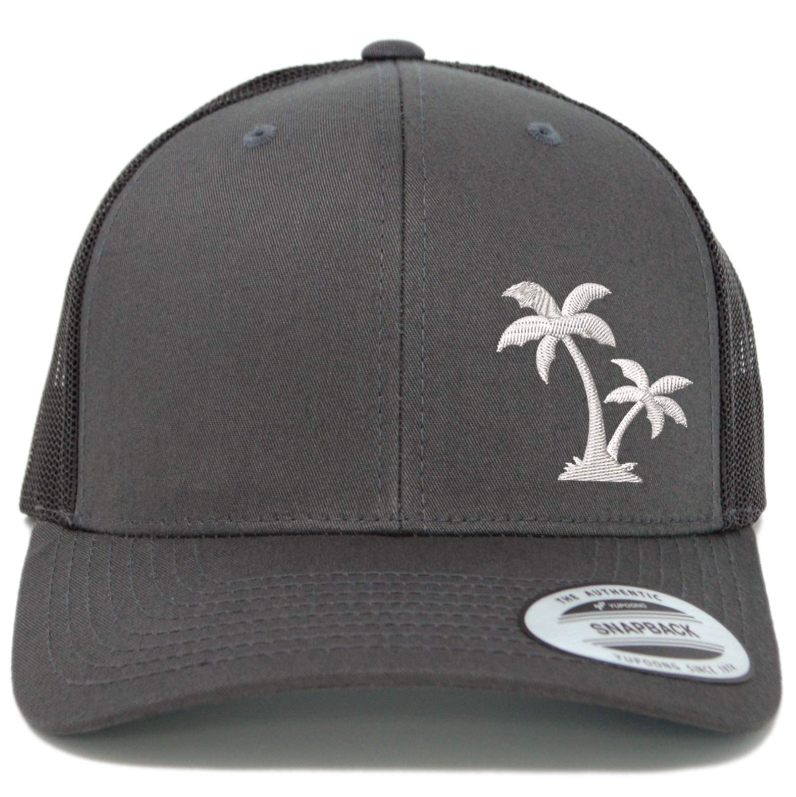 Love Sketches Embroidered Palm Tree Silhouette Trucker Snapback Cap Mesh Back Men and Women (Charcoal)