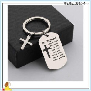 FEELMEM Christian Baptism Gift Jesus Loves Me My Baptism Dog Tag Keychain Teen Adult Woman Religious Baptized Jewelry Confirmation Gift for Girl (silver)