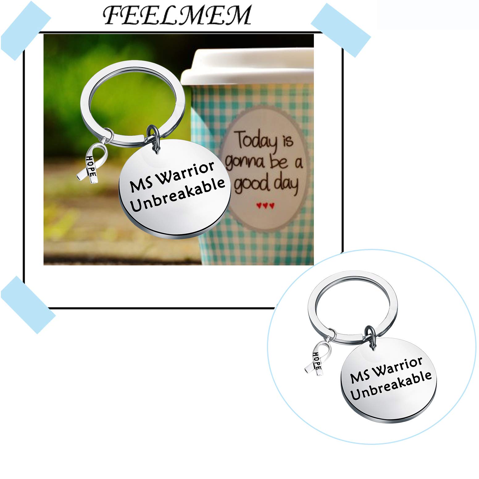 FEELMEM MS Awareness Jewelry Ms Warrior Unbreakable Keychain Multiple Sclerosis Awareness Gift Cancer Fighter Gift MS Survivor Inspirational Hope Gifts (silver)