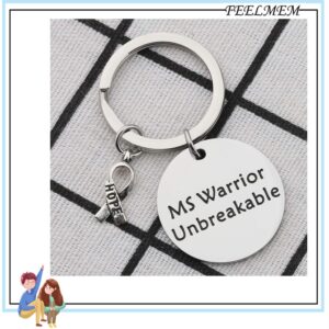 FEELMEM MS Awareness Jewelry Ms Warrior Unbreakable Keychain Multiple Sclerosis Awareness Gift Cancer Fighter Gift MS Survivor Inspirational Hope Gifts (silver)