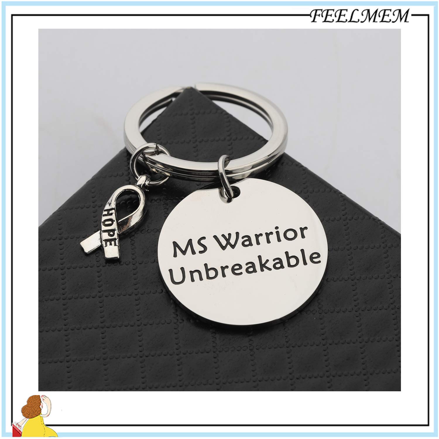 FEELMEM MS Awareness Jewelry Ms Warrior Unbreakable Keychain Multiple Sclerosis Awareness Gift Cancer Fighter Gift MS Survivor Inspirational Hope Gifts (silver)