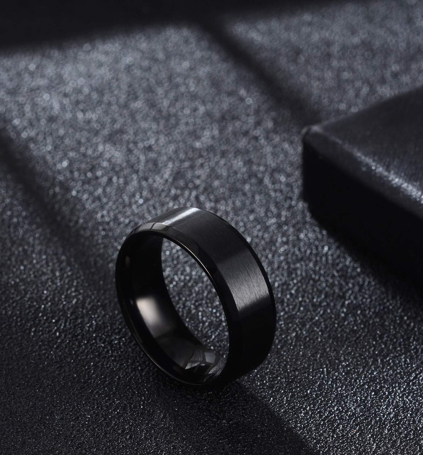 Tornito Stainless Steel Black Brushed Ring Wedding Band Matte Finish Beveled Polished Edge Comfort Fit for Men Women 8MM Wide Size 10.5