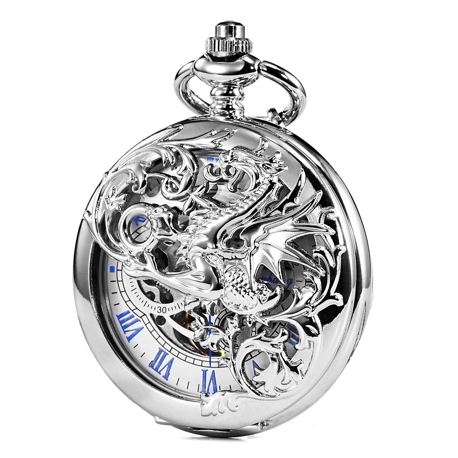 TREEWETO Mens Mechanical Pocket Watch Antique Dream Dragon Skeleton Silver Tone Double Open Case with China & Box Gift for Man Woman