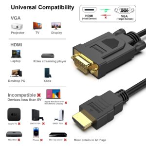 BENFEI HDMI to VGA 3 Feet Cable, Uni-Directional HDMI (Source) to VGA (Display) Cable (Male to Male) Compatible for Computer, Desktop, Laptop, PC, Monitor, Projector, HDTV, Raspberry Pi, Roku, Xbox