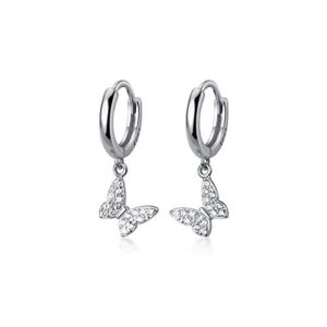 dainty butterfly dangle hoop earrings 925 sterling silver for women girls cute cz crystal diamond sparkly charm drop cartilage small huggie hoops 10mm fashion jewelry christmas gifts hypoallergenic (silver)