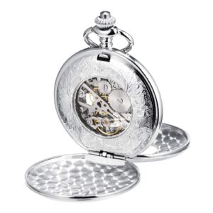 TREEWETO Antique Mens Pocket Watch Skeleton Mechanical Half Hunter Silver Case Roman Numerals