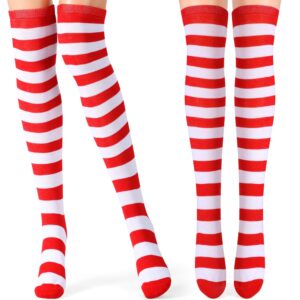 Tatuo 2 Pairs Women's Long Striped Socks over Knee Thigh High Stockings for Halloween St. Patrick's Day Mardi Gras Socks(Red and White)