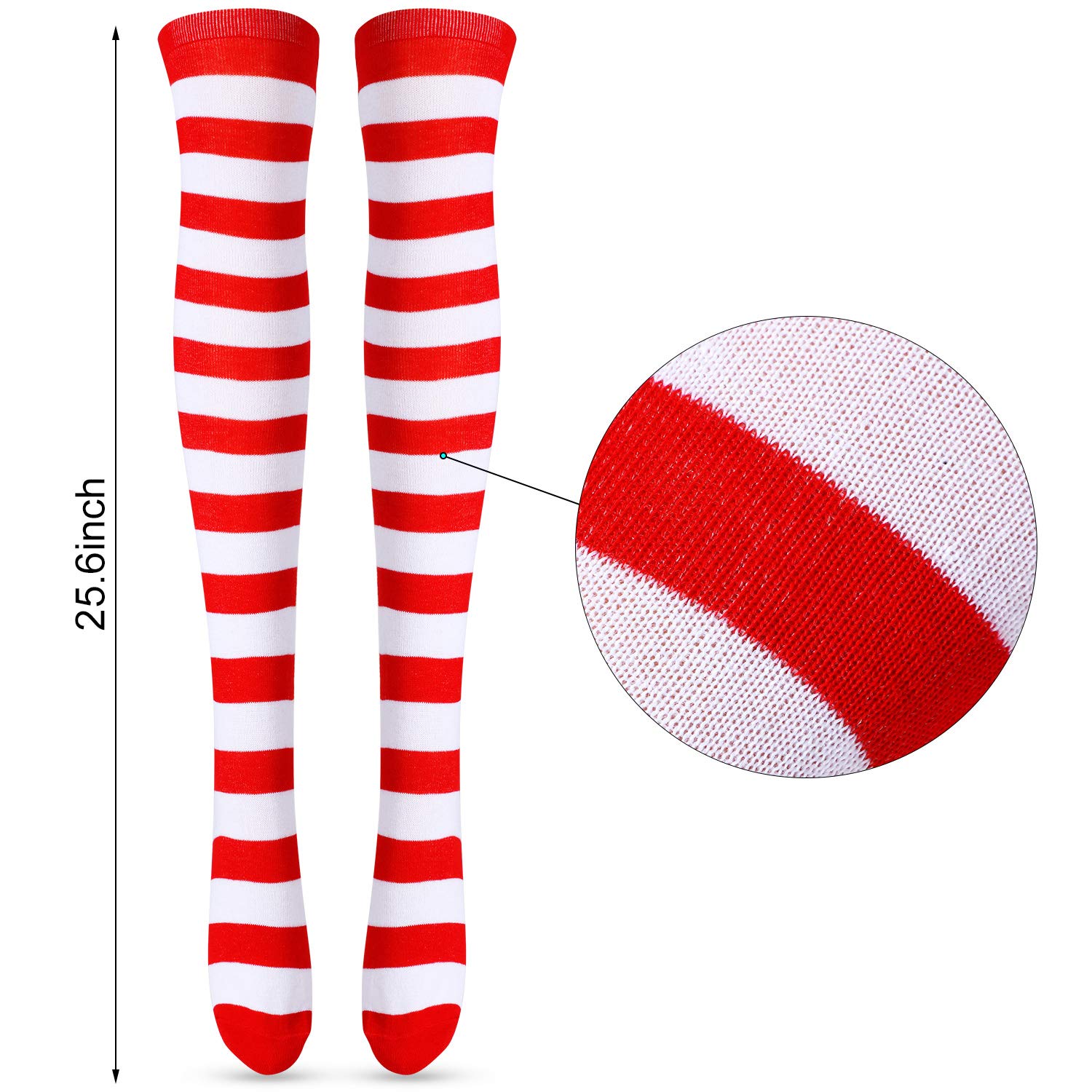 Tatuo 2 Pairs Women's Long Striped Socks over Knee Thigh High Stockings for Halloween St. Patrick's Day Mardi Gras Socks(Red and White)