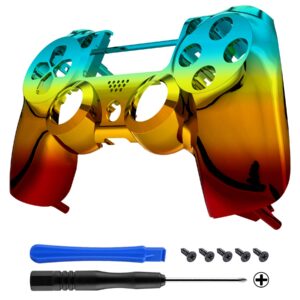 extremerate tri-color gradient replacement faceplate cover, chrome cyan gold red front housing shell compatible with ps4 pro slim controller cuh-zct2 jdm-040 jdm-050 jdm-055 - controller not included