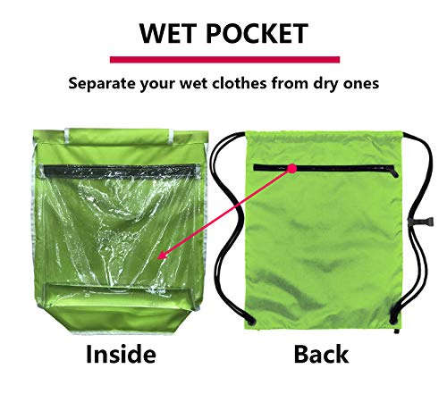 HOLYLUCK Packable Drawstring Sackpack Wet Pocket with Zipper and Water Bottle Mesh Pockets (Green)