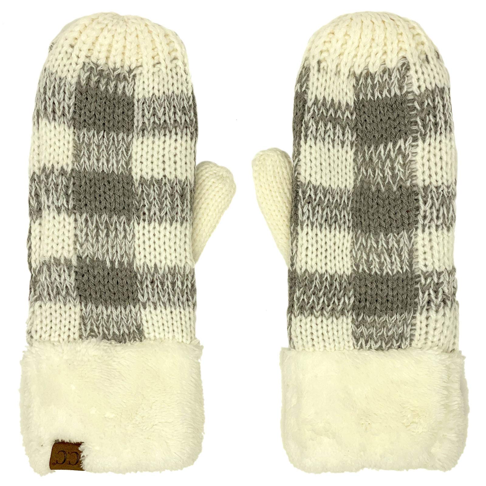 C.C CC Super Thick Fuzzy Fleeced Lined Warm Winter Knitted Mittens Gloves Buffalo Plaid White/Lt. Melange Gray