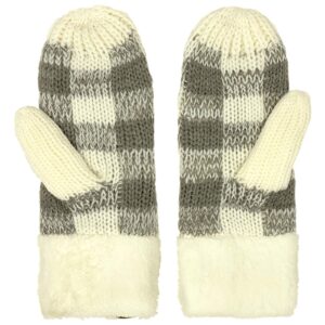 C.C CC Super Thick Fuzzy Fleeced Lined Warm Winter Knitted Mittens Gloves Buffalo Plaid White/Lt. Melange Gray