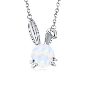 JUSTKIDSTOY Created Opal Bunny Necklace Sterling Silver Cute Rabbit Necklace Opal Bunny Jewelry Gift for Women Daughter Rabbit Lover