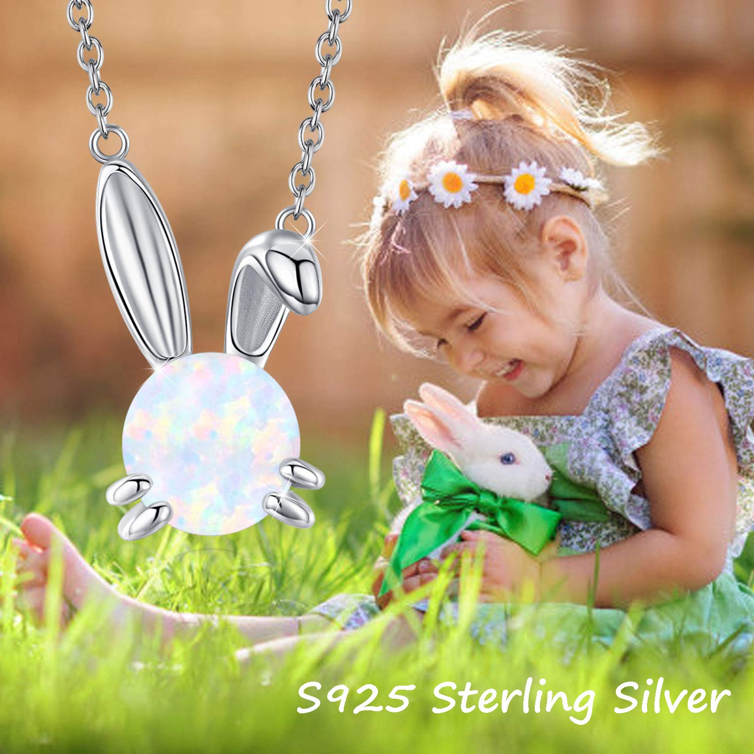 JUSTKIDSTOY Created Opal Bunny Necklace Sterling Silver Cute Rabbit Necklace Opal Bunny Jewelry Gift for Women Daughter Rabbit Lover