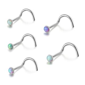 lantine corkscrew nose studs surgical steel 2mm opal nose stud pink white purple green blue set 20 gauge 1/4 inch